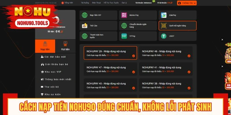Cách nạp tiền NOHU90 đúng chuẩn, không lỗi phát sinh